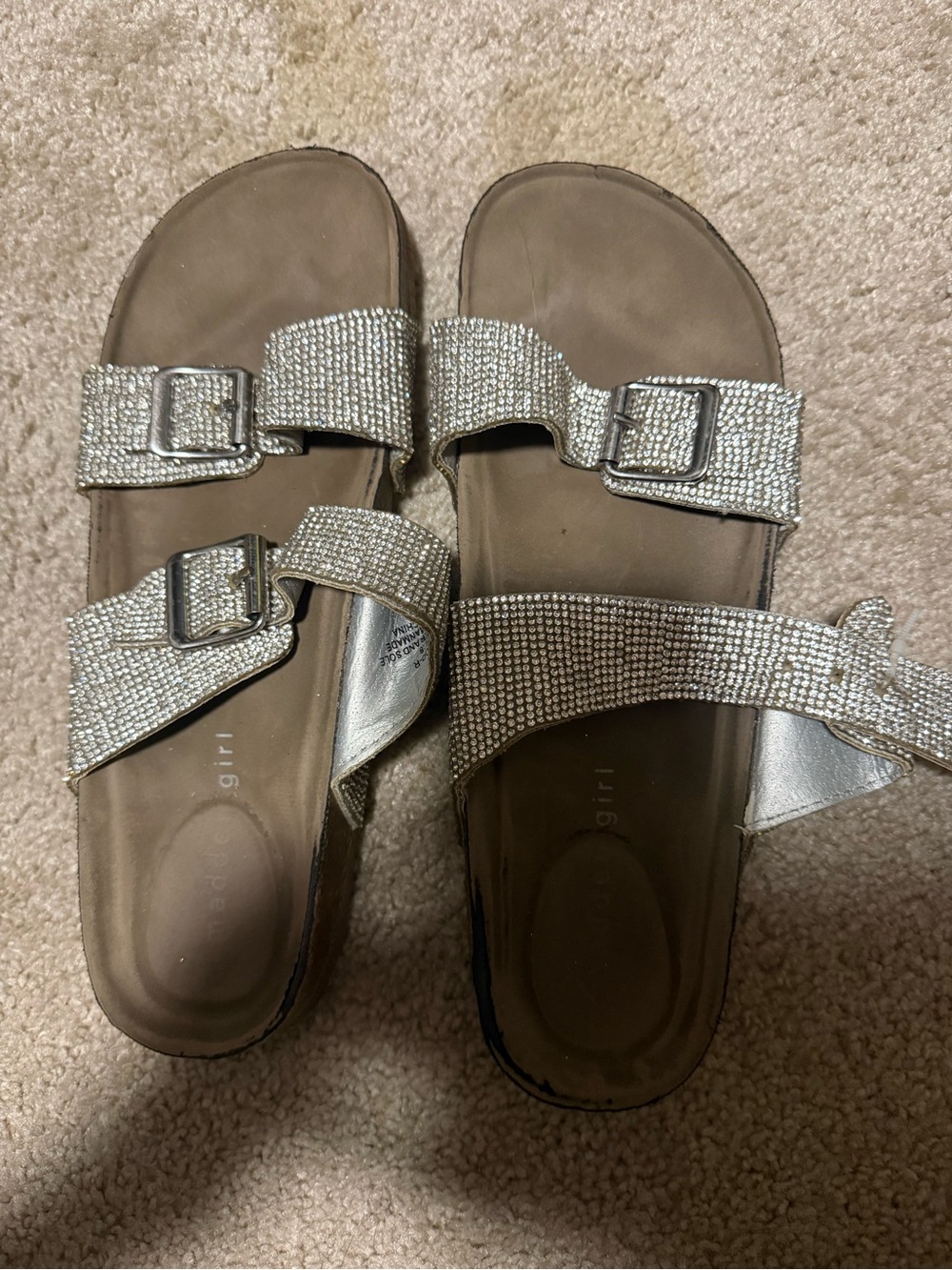 Madden Girl Rhinestone Double-Buckle Slide Sandals in Silver
